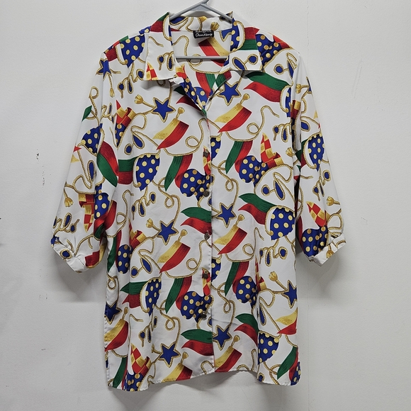 Vtg Abstract Print Button-Up Shirt Multicolor Chain & Star Pattern Retro Blouse - Picture 1 of 13